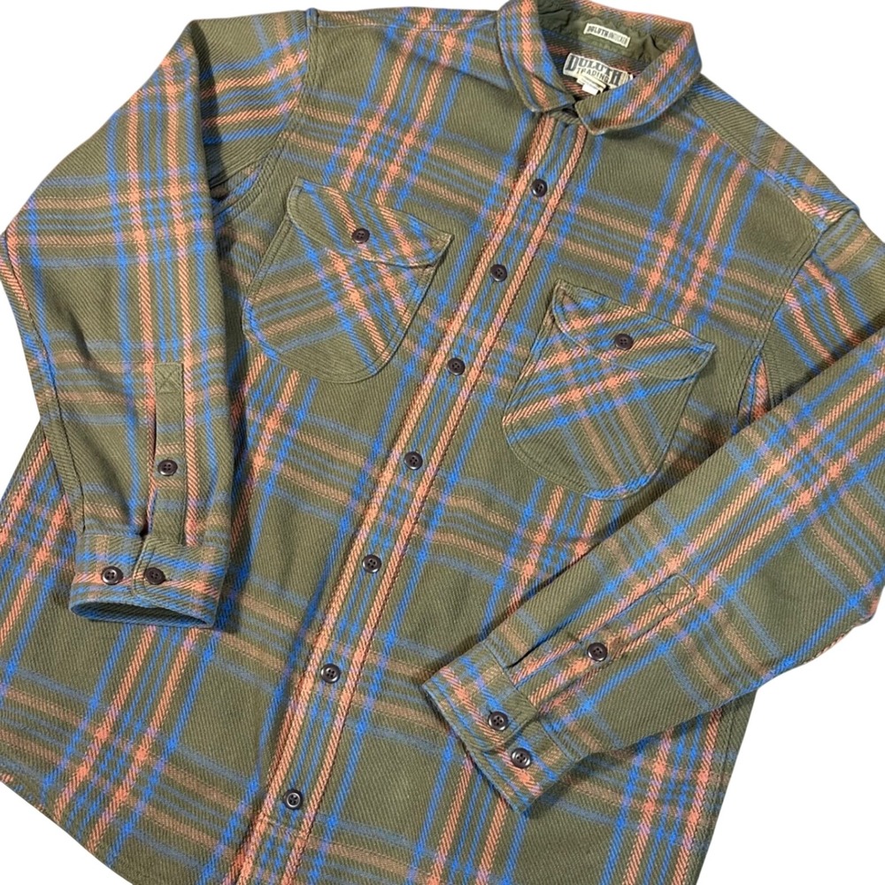 Duluth Trading Co Flannel Shirt Mens L Tall Olive Green Plaid Untucked Relaxed